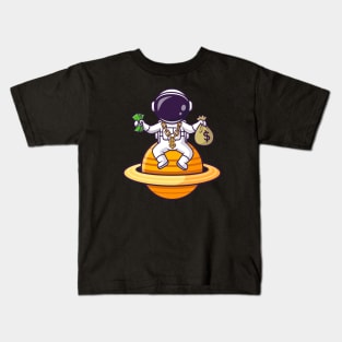 Cute Rich Astronaut On Planet With Money Cartoon Kids T-Shirt